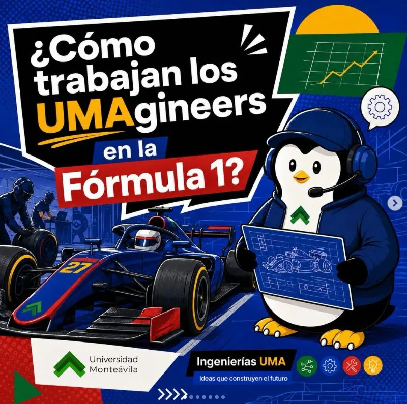 Casimiro con el plano de un carro de Fórmula 1: ¿Cómo trabajan los UMAgineers en la Fórmula 1?